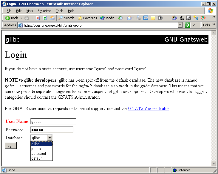 GNU Bug Tracking 网站登录画面
